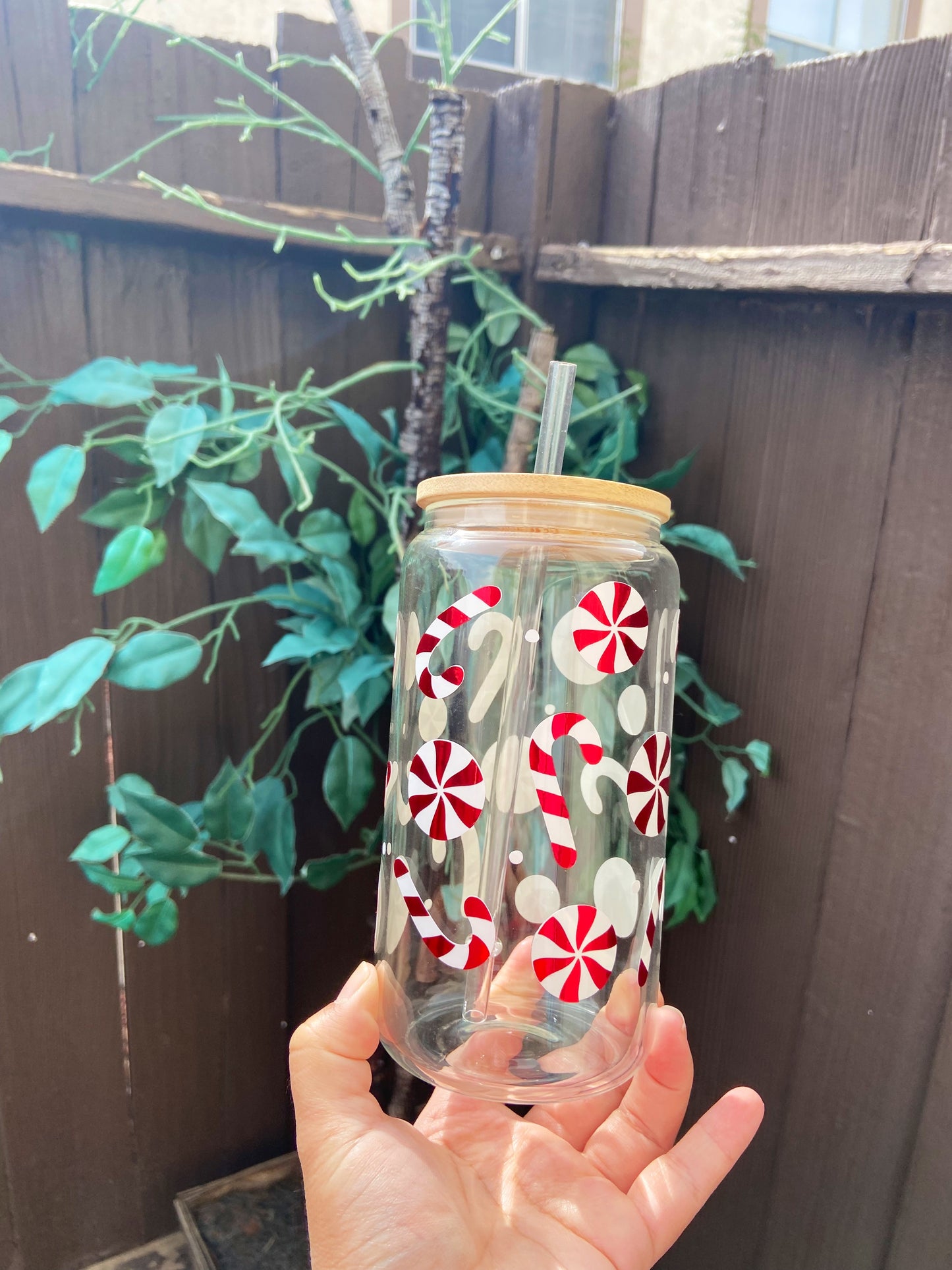 Christmas candy cane glass can 16oz with lid & straw