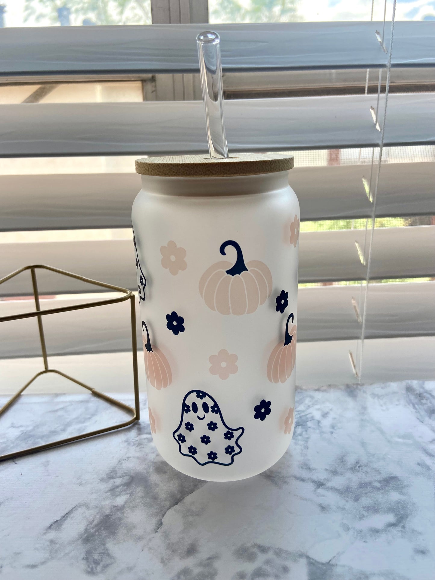 frosted ghosts and pumpkins 16oz glass cup