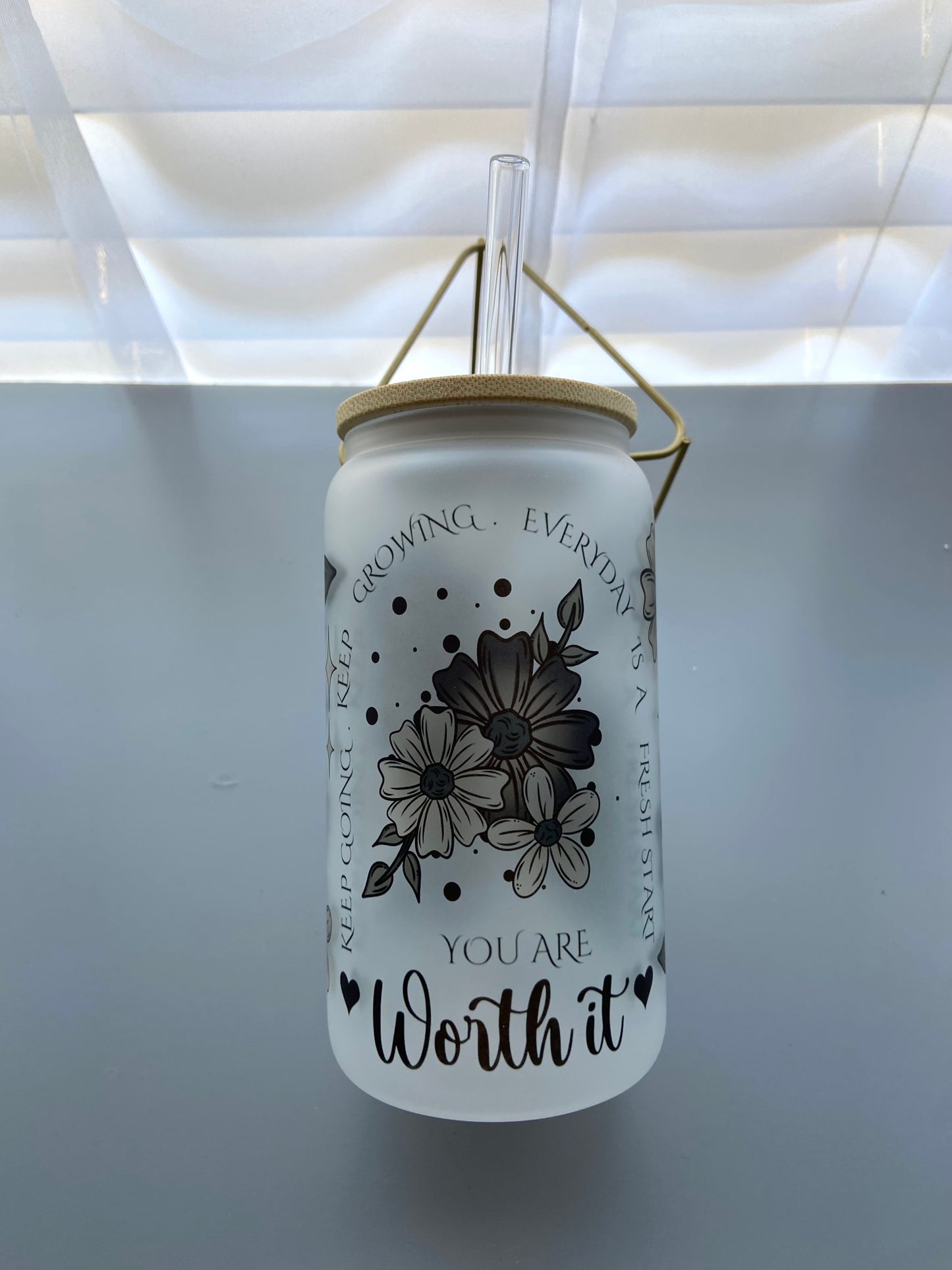 Frosted Glass Tumbler – “Keep Going, Keep Growing” Inspirational Design