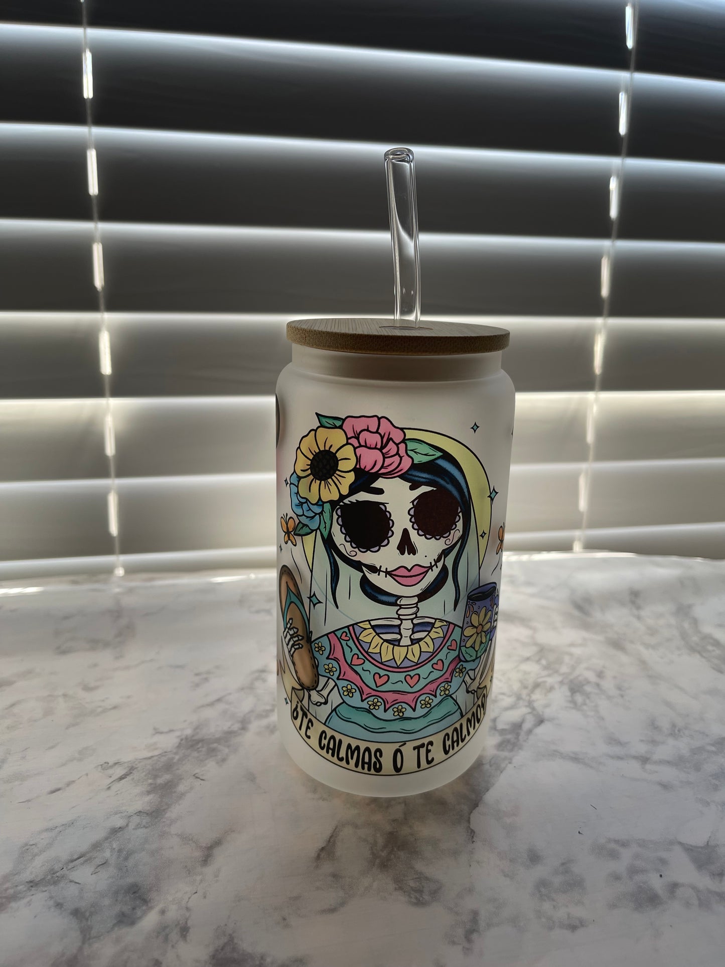 O te calmas o te calmo glass can with lid & straw