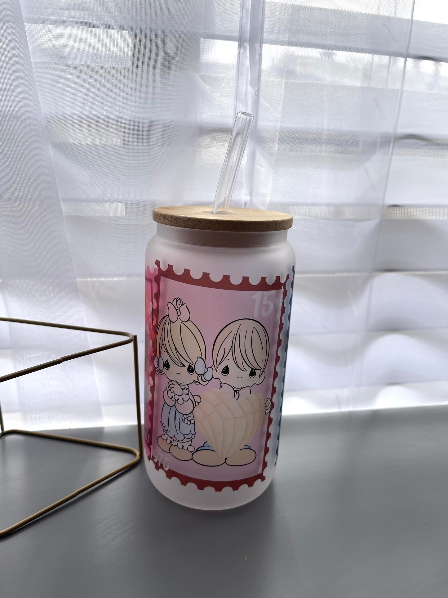 Valentines post card stamps glass cup
