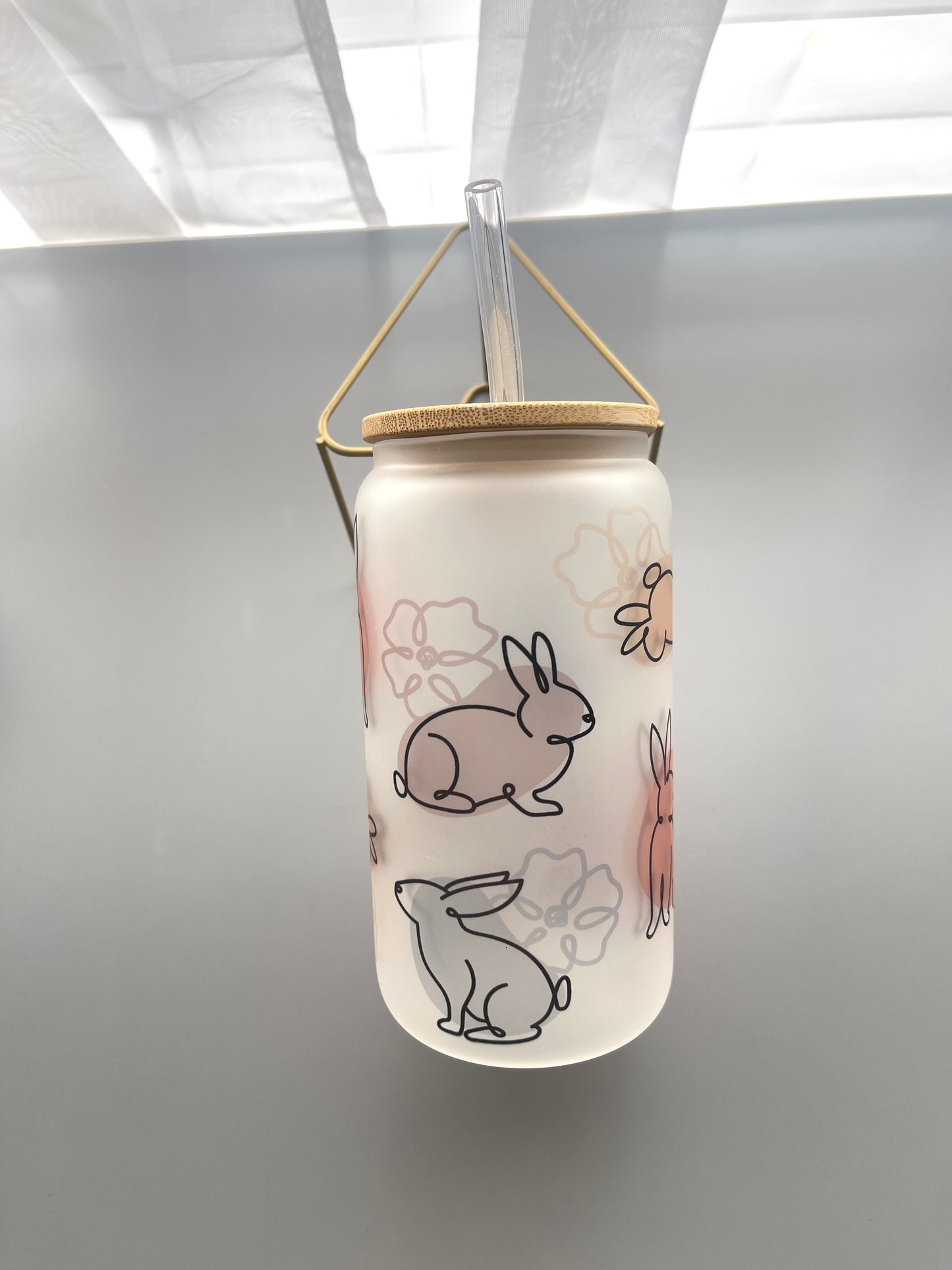 Pastel bunny glass can with lid & straw
