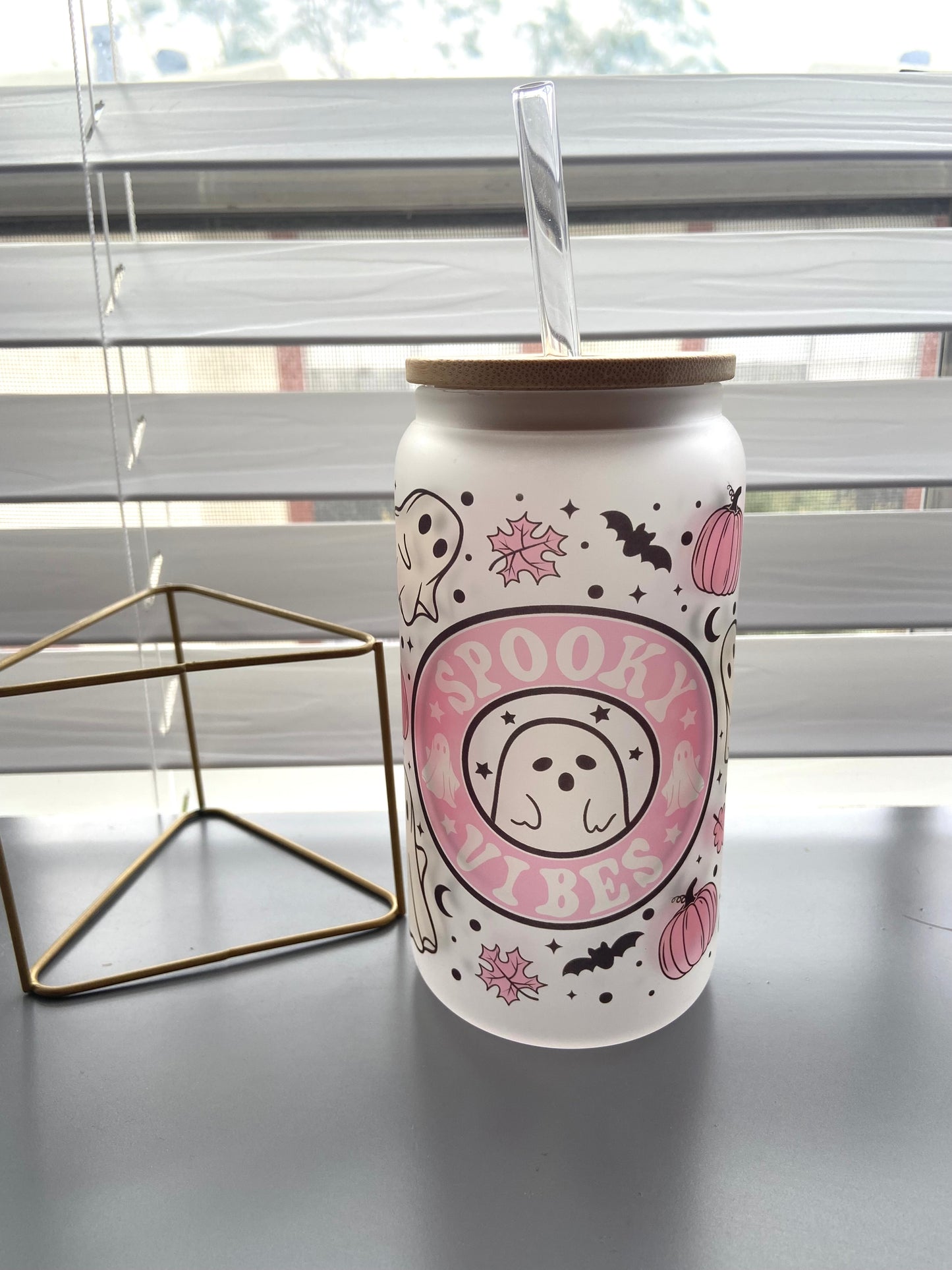 Spooky vibes pink ghosty glass cup
