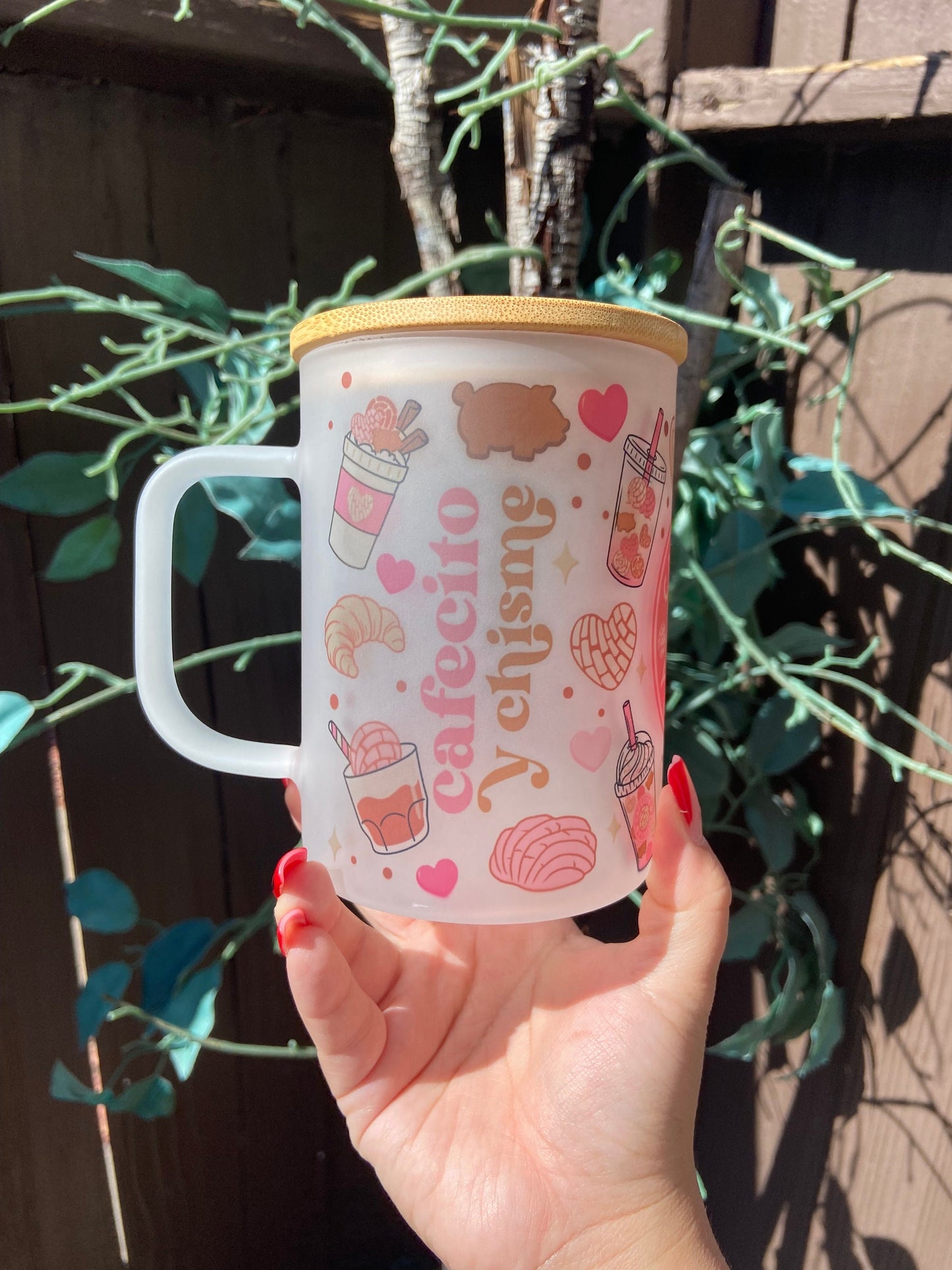 Cafecito y chisme 15oz frosted mug with lid & straw