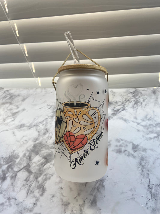 valentines Amor Eterno glass cup w/lid and straw
