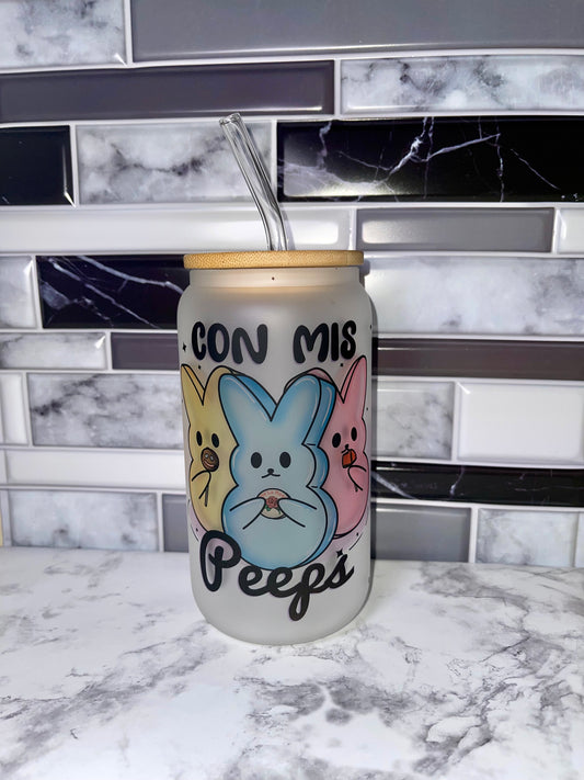 Con mis peep 16oz glass can w/bamboo lid & Straw