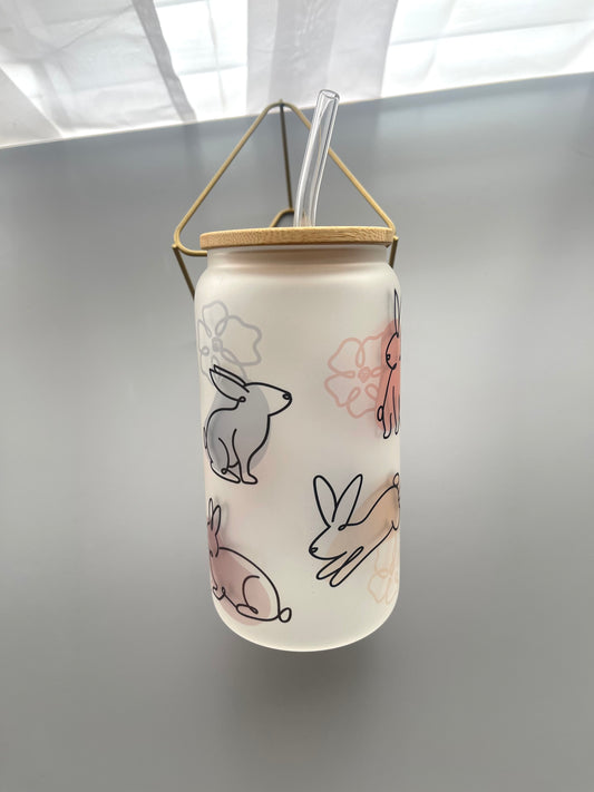 Pastel bunny glass can with lid & straw