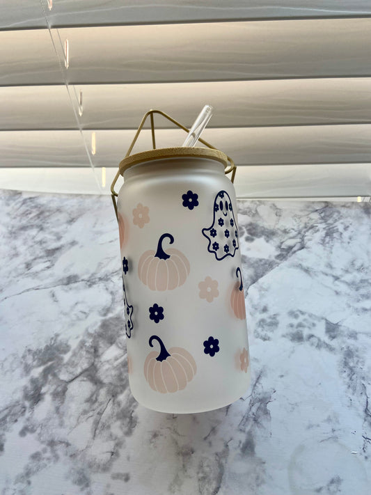 frosted ghosts and pumpkins 16oz glass cup