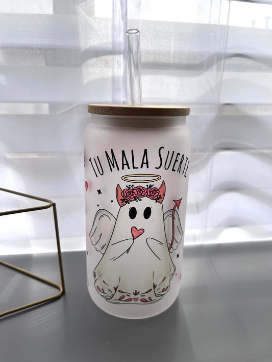 Tu mala suerte ghoul glass can with bamboo lid & straw