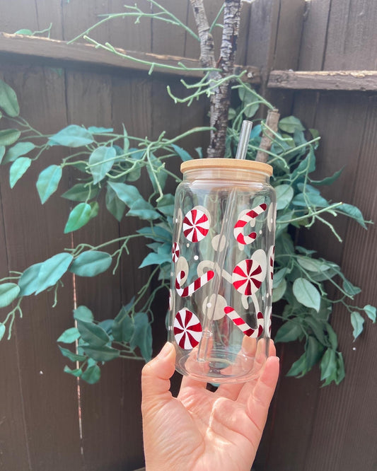 Christmas candy cane glass can 16oz with lid & straw