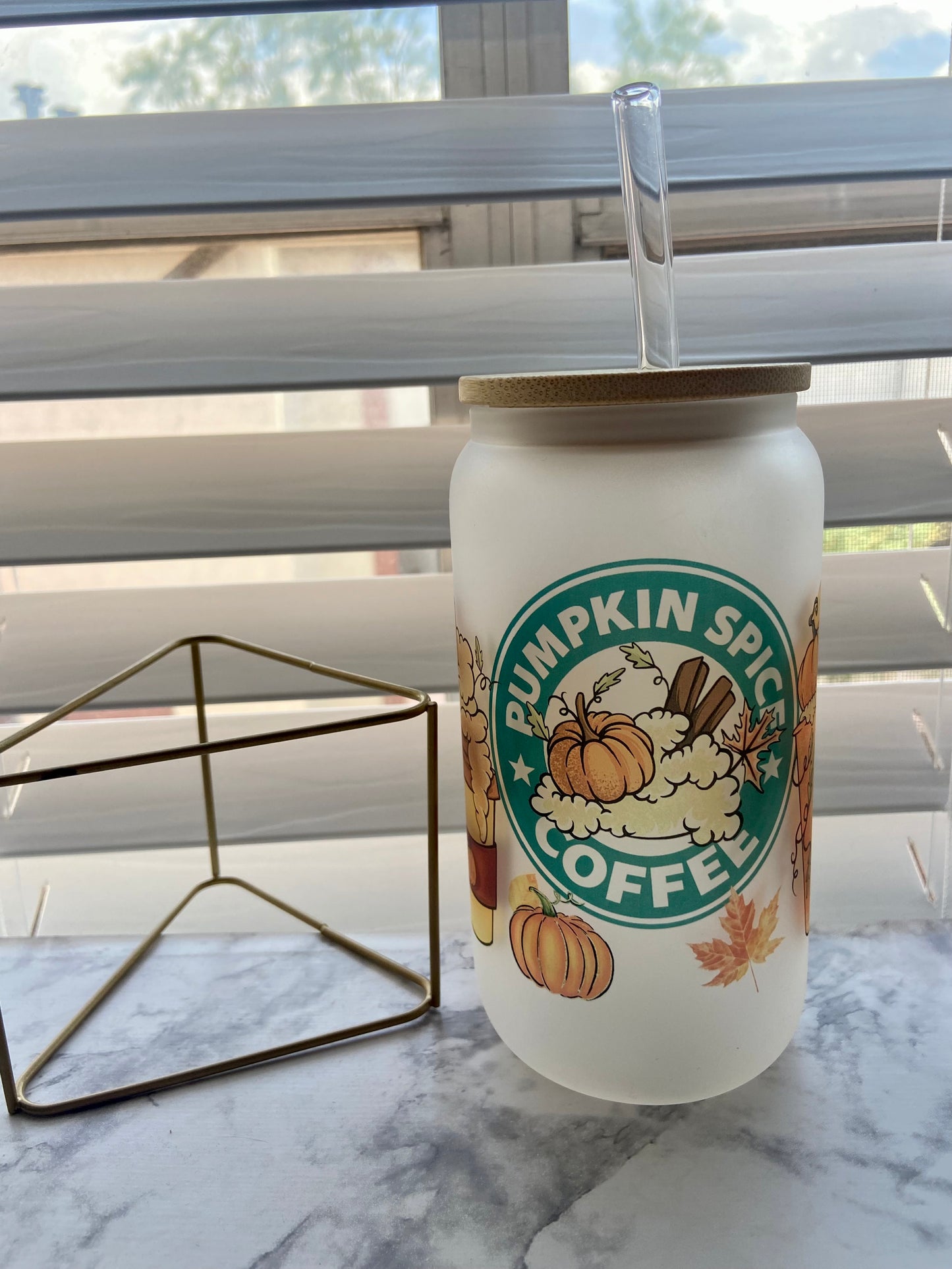 Pumpkin spice coffee cup 16 oz with bamboo lid & straw