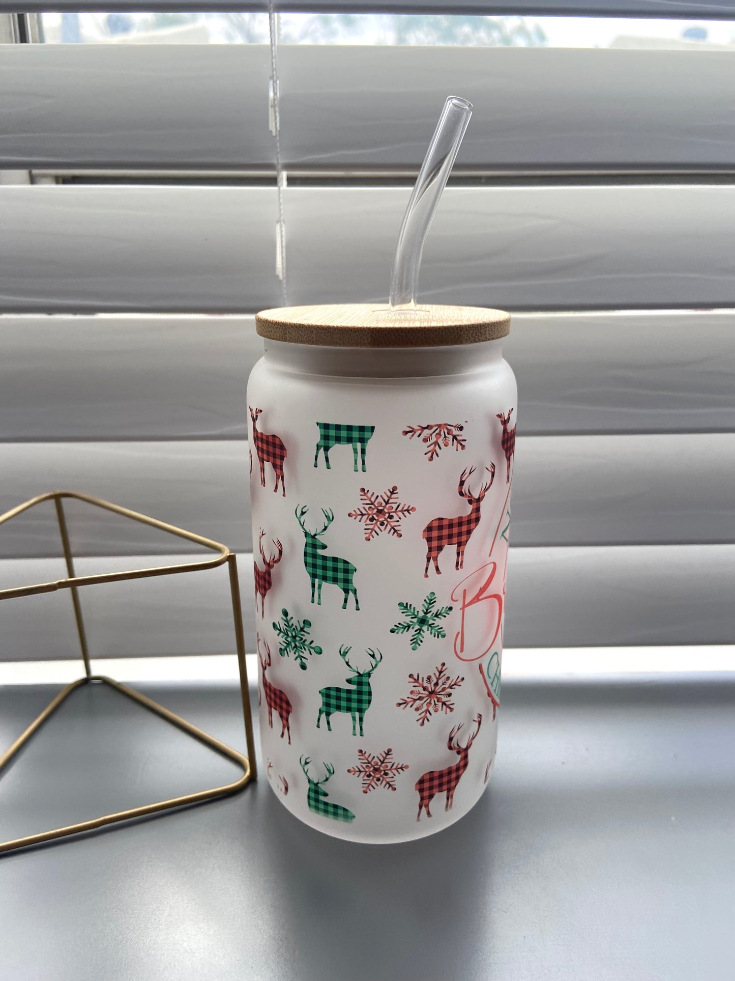 North pole brewing christmas spirit plaid deer cup, christmas cup, glass can,