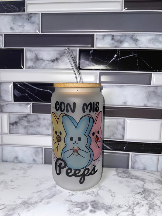 Con mis peep 16oz glass can w/bamboo lid & Straw