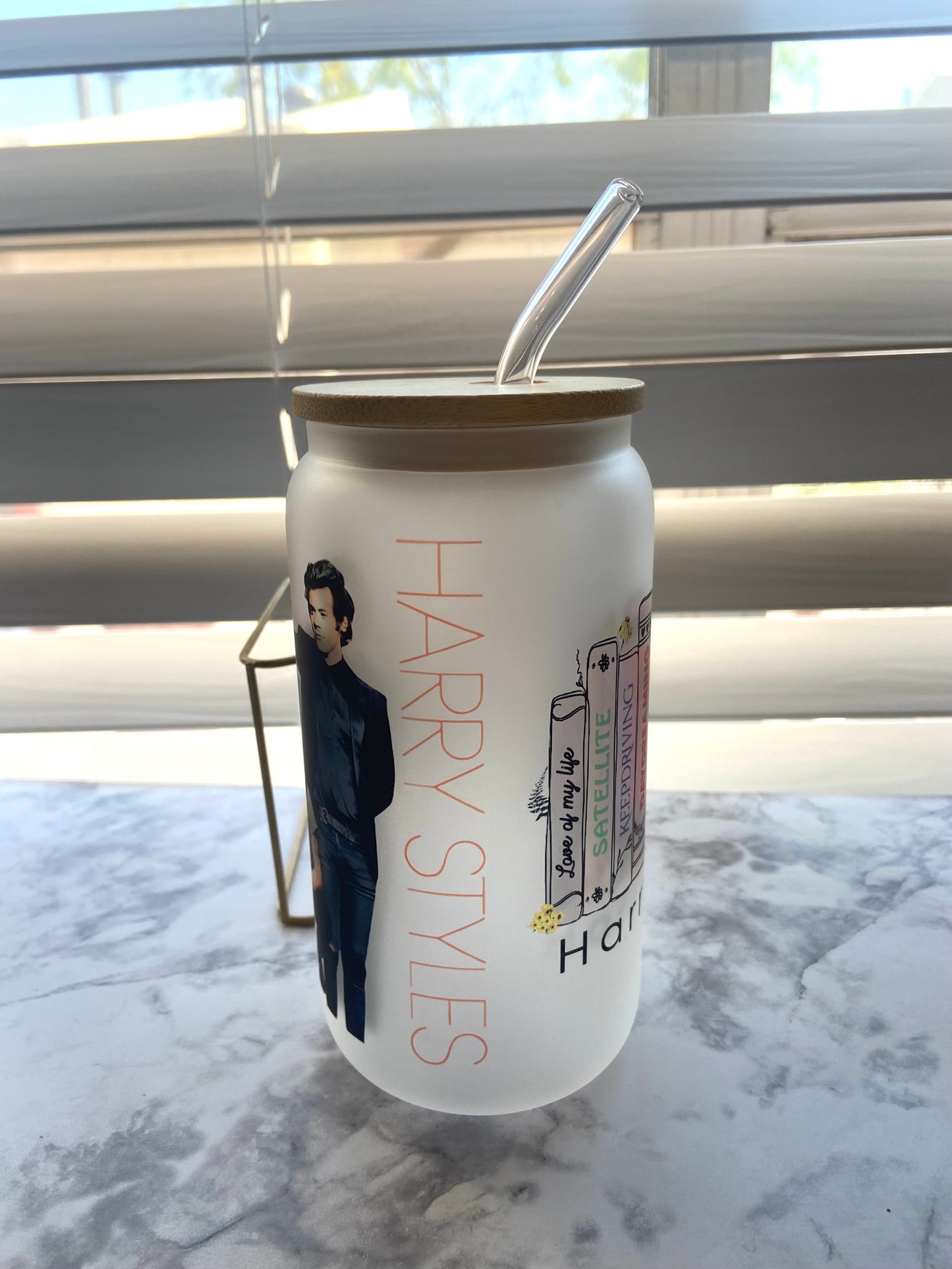 Harry styles glass cup with lid & straw