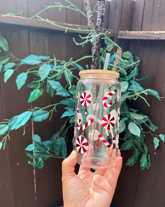 Christmas candy cane glass can 16oz with lid & straw