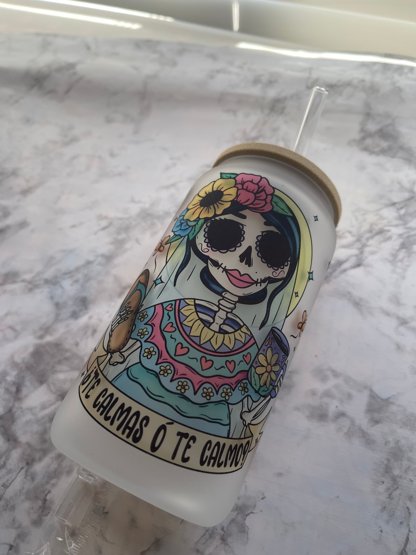 O te calmas o te calmo glass can with lid & straw