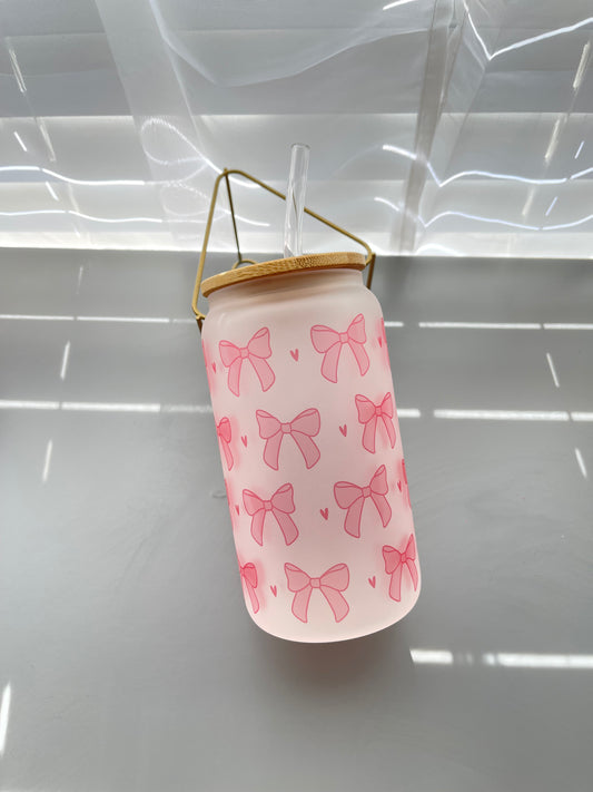 Pink bow coquette glass cup 16oz