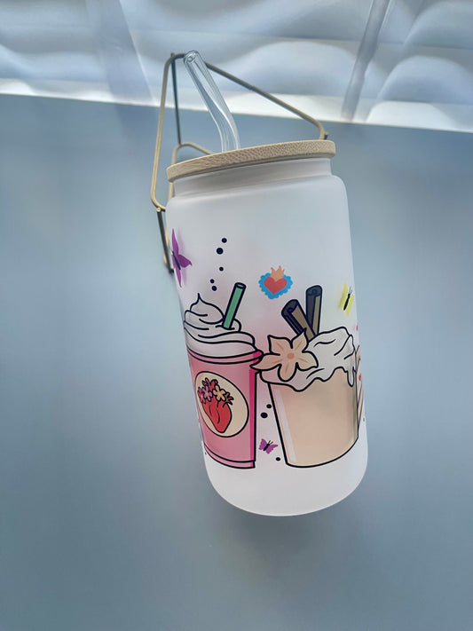 Frida 16oz glass cup with bamboo lid & straw