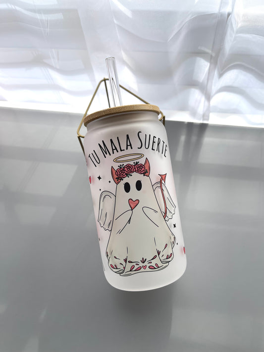 Tu mala suerte ghoul glass can with bamboo lid & straw