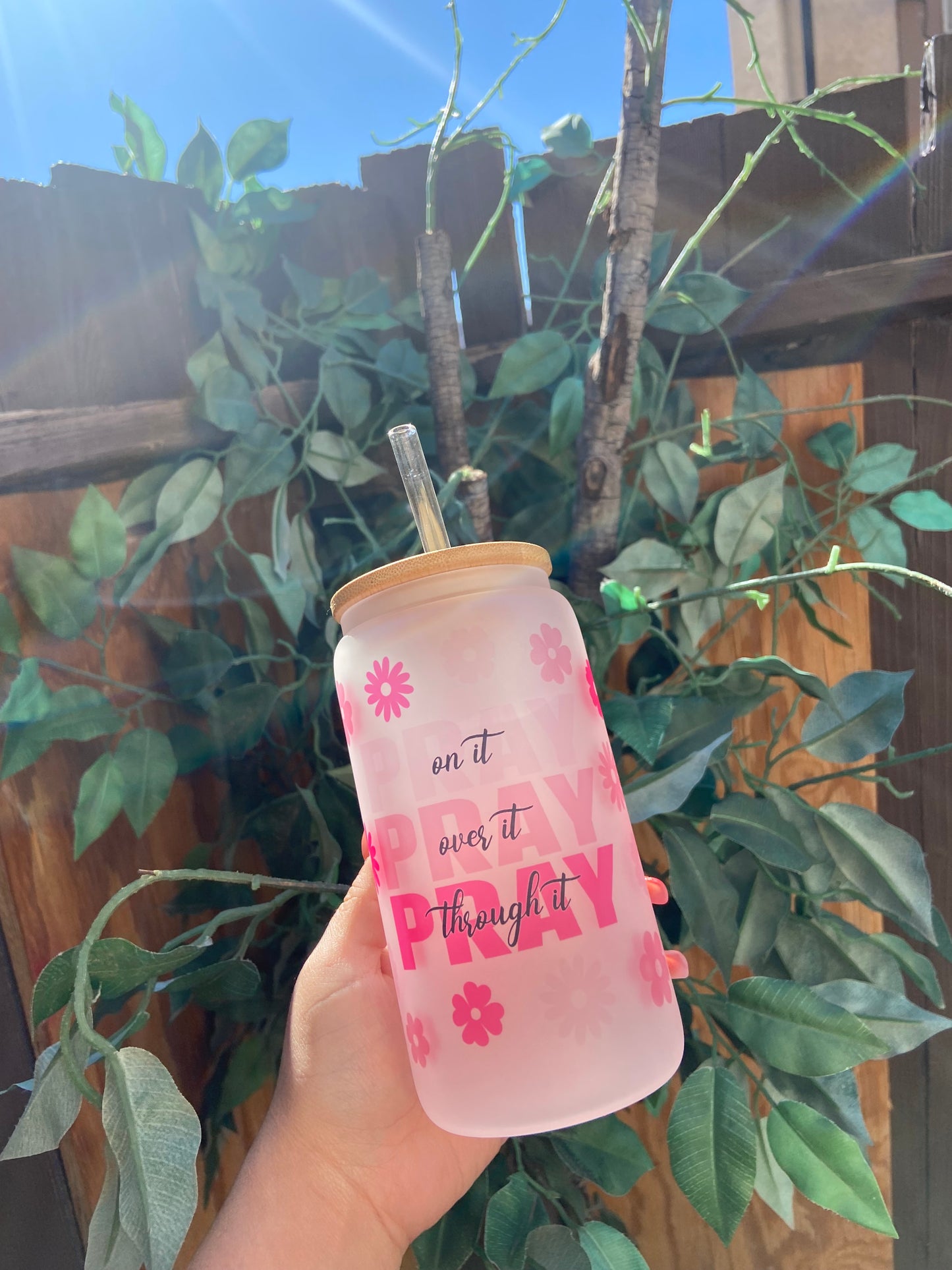 Pray it 16oz glass can with lid & straw