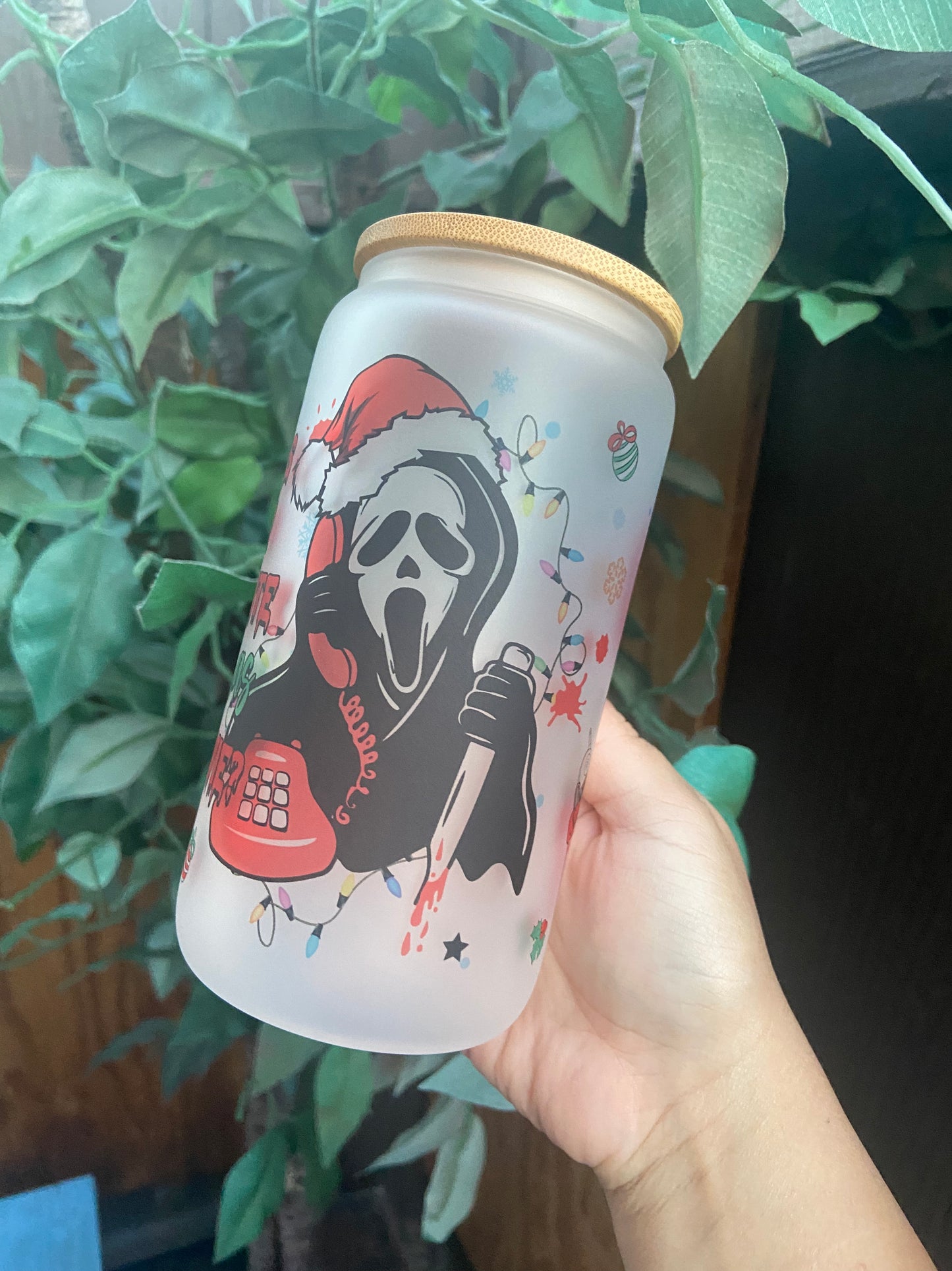 Killer christmas cup 16oz glass can with bamboo lid & straw