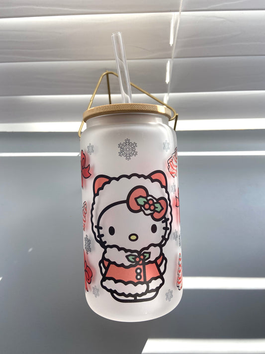 Christmas kitty and snowflakes glass cup