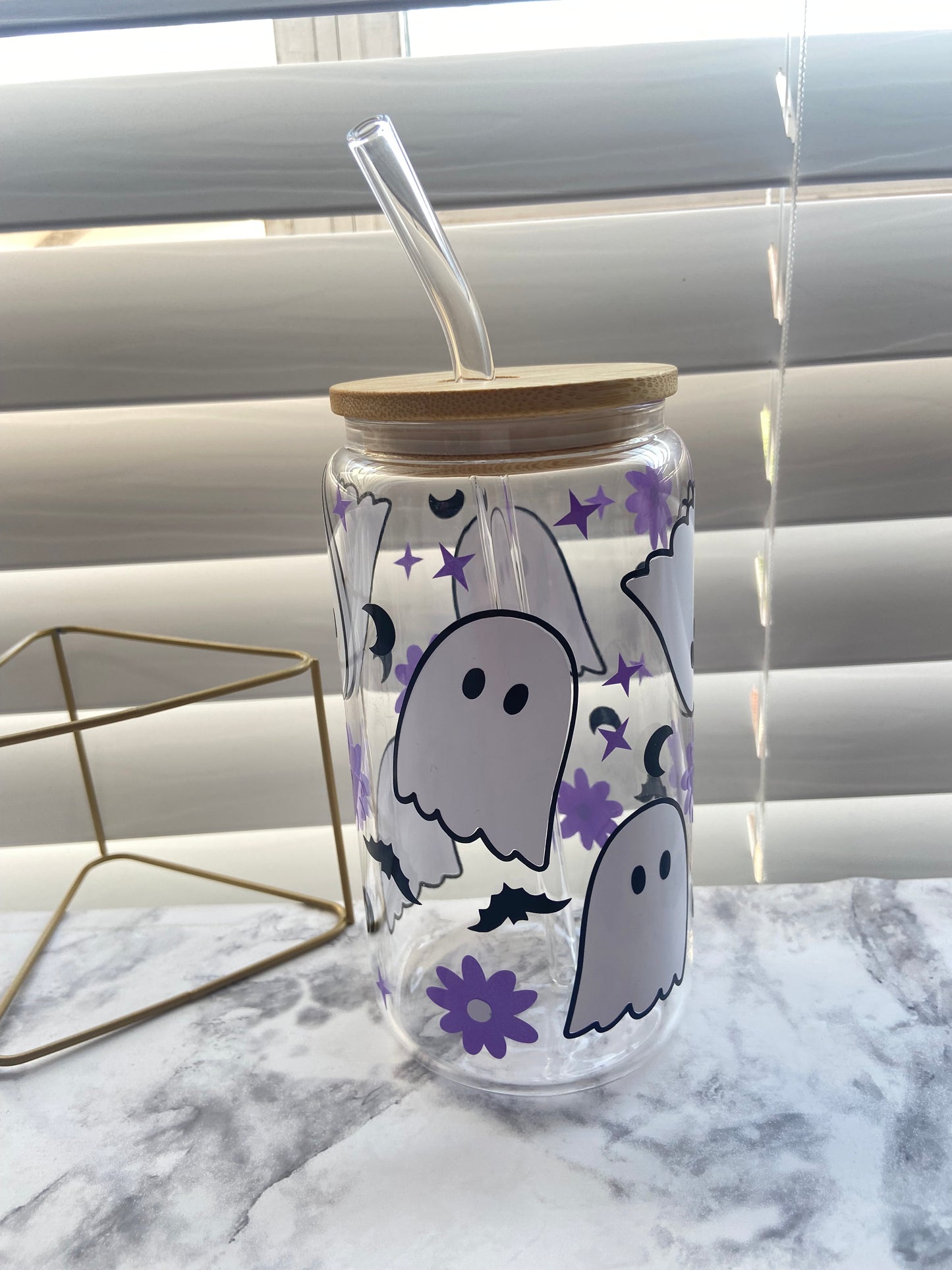 Cute ghost and flowers 16oz glass cup with lid & straw