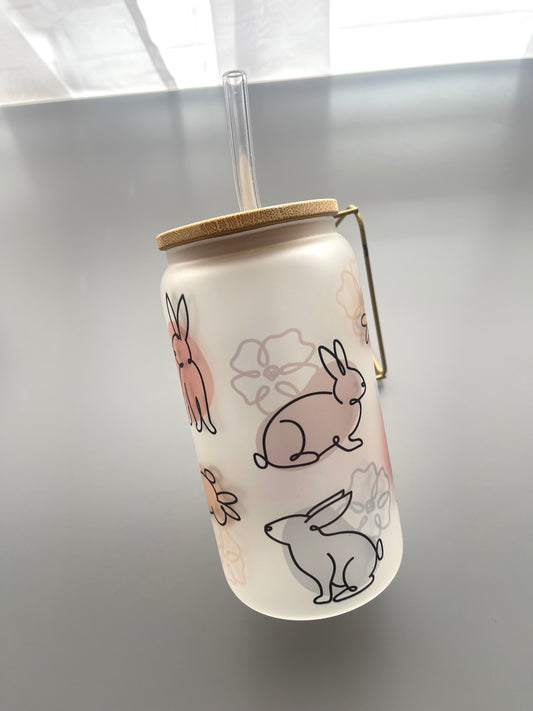 Pastel bunny glass can with lid & straw