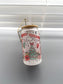 Retro Christmas glass cup w lid & straw