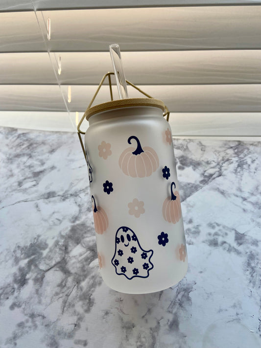 frosted ghosts and pumpkins 16oz glass cup
