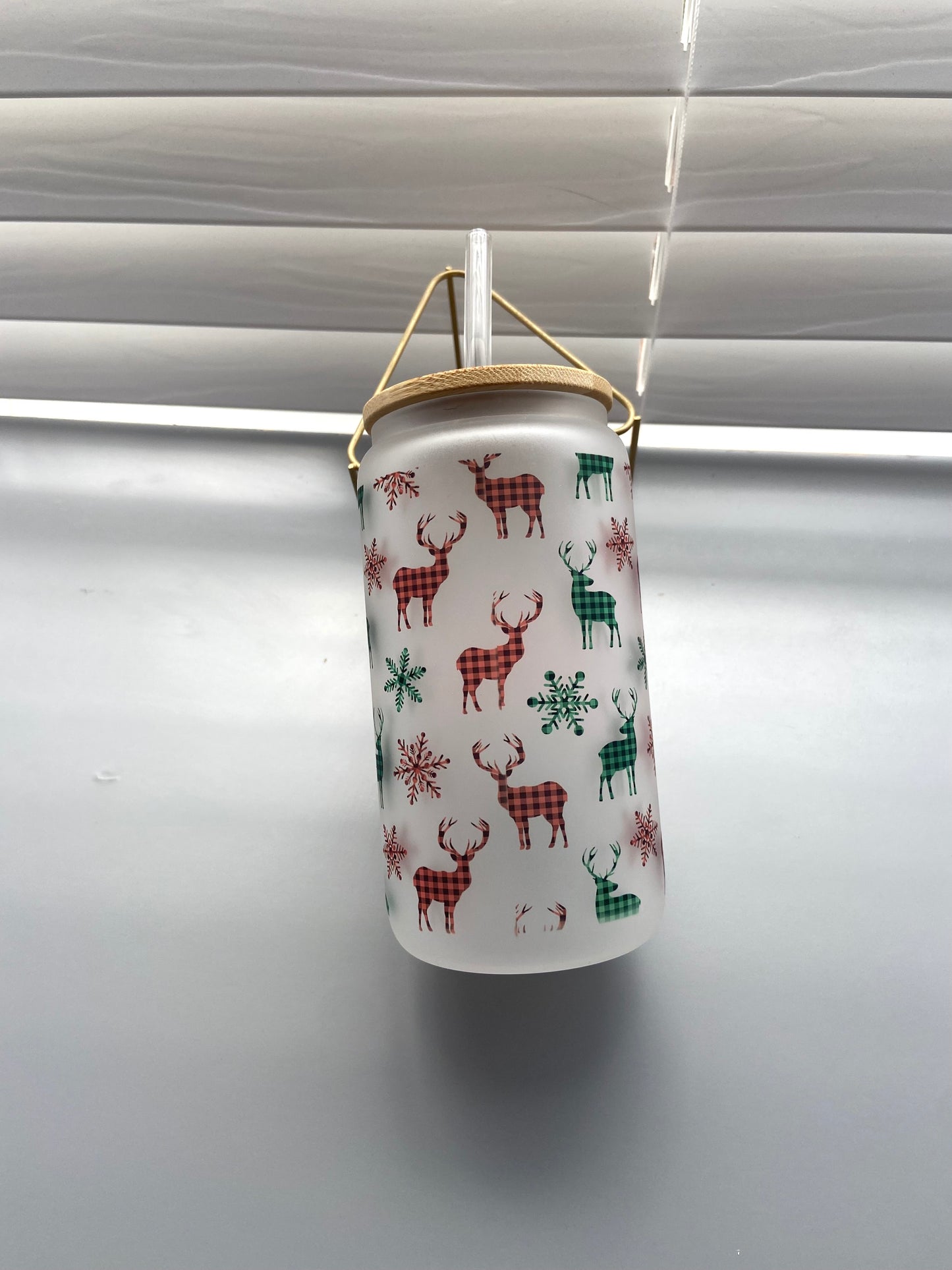 North pole brewing christmas spirit plaid deer cup, christmas cup, glass can,