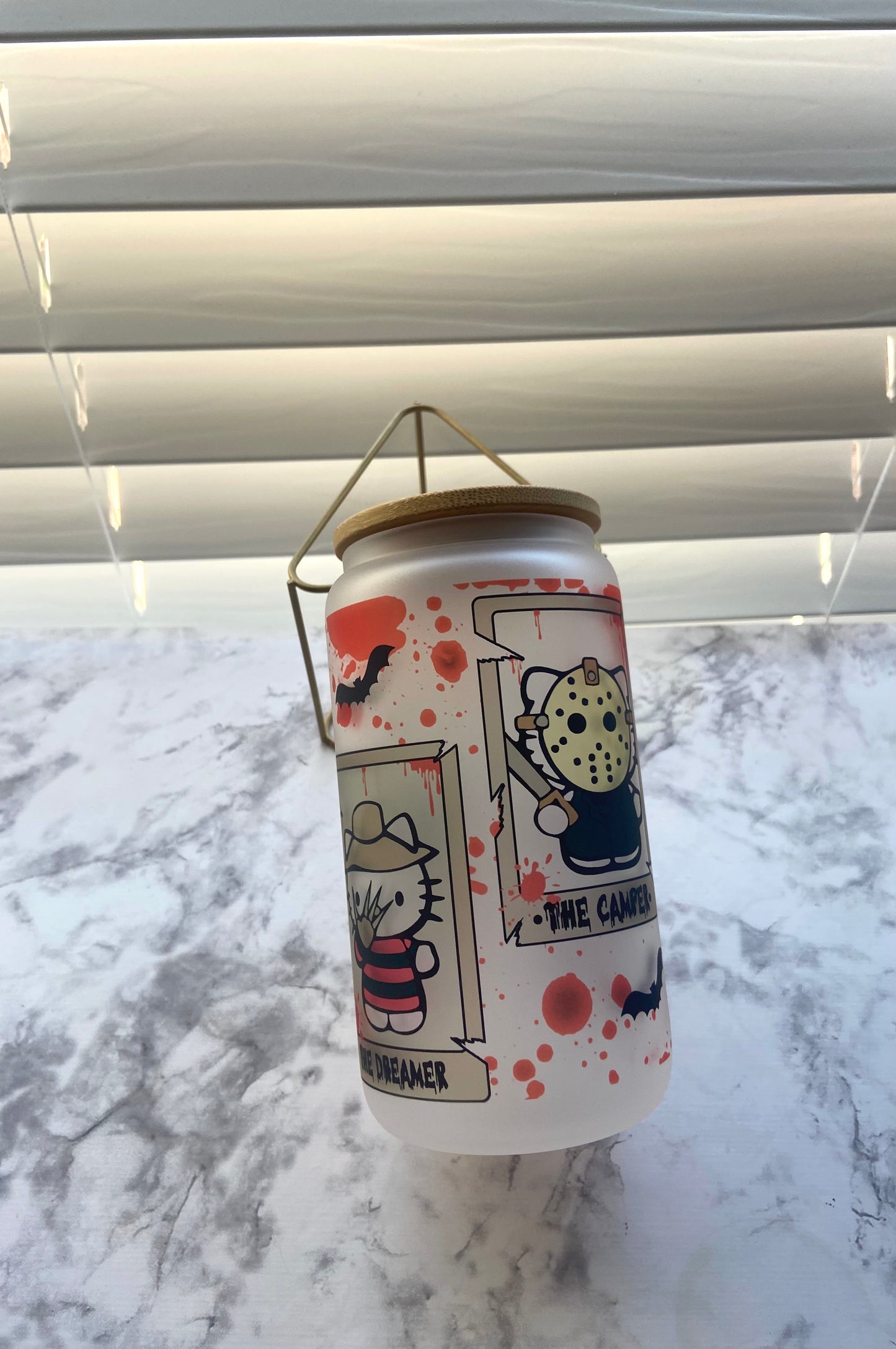 killer kitty glass can with bamboo lid & straw 16oz