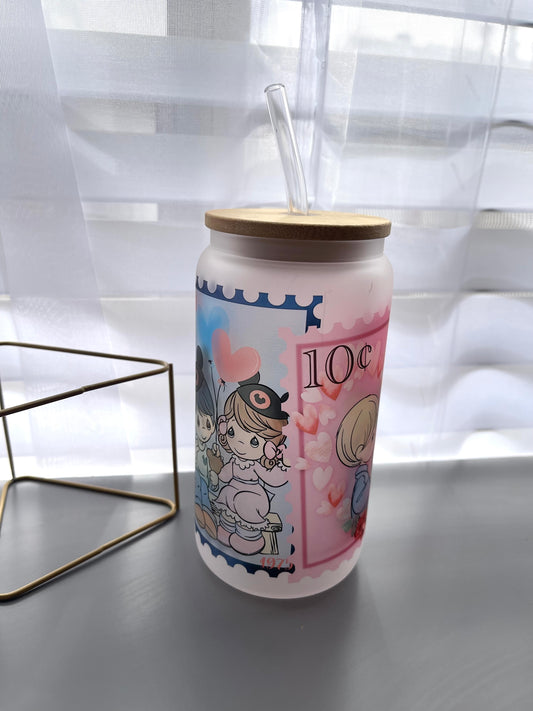 Valentines post card stamps glass cup