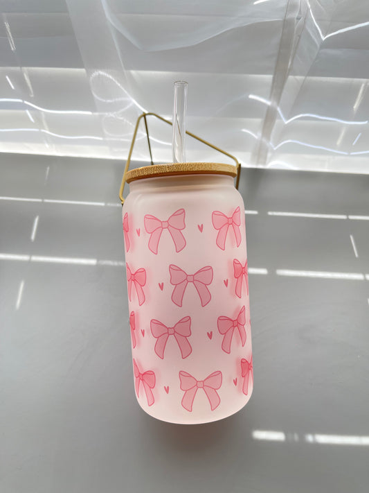 Pink bow coquette glass cup 16oz