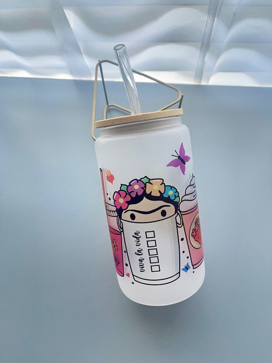 Frida 16oz glass cup with bamboo lid & straw