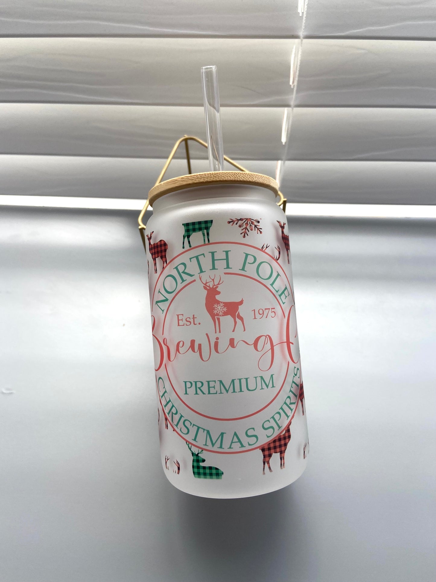 North pole brewing christmas spirit plaid deer cup, christmas cup, glass can,