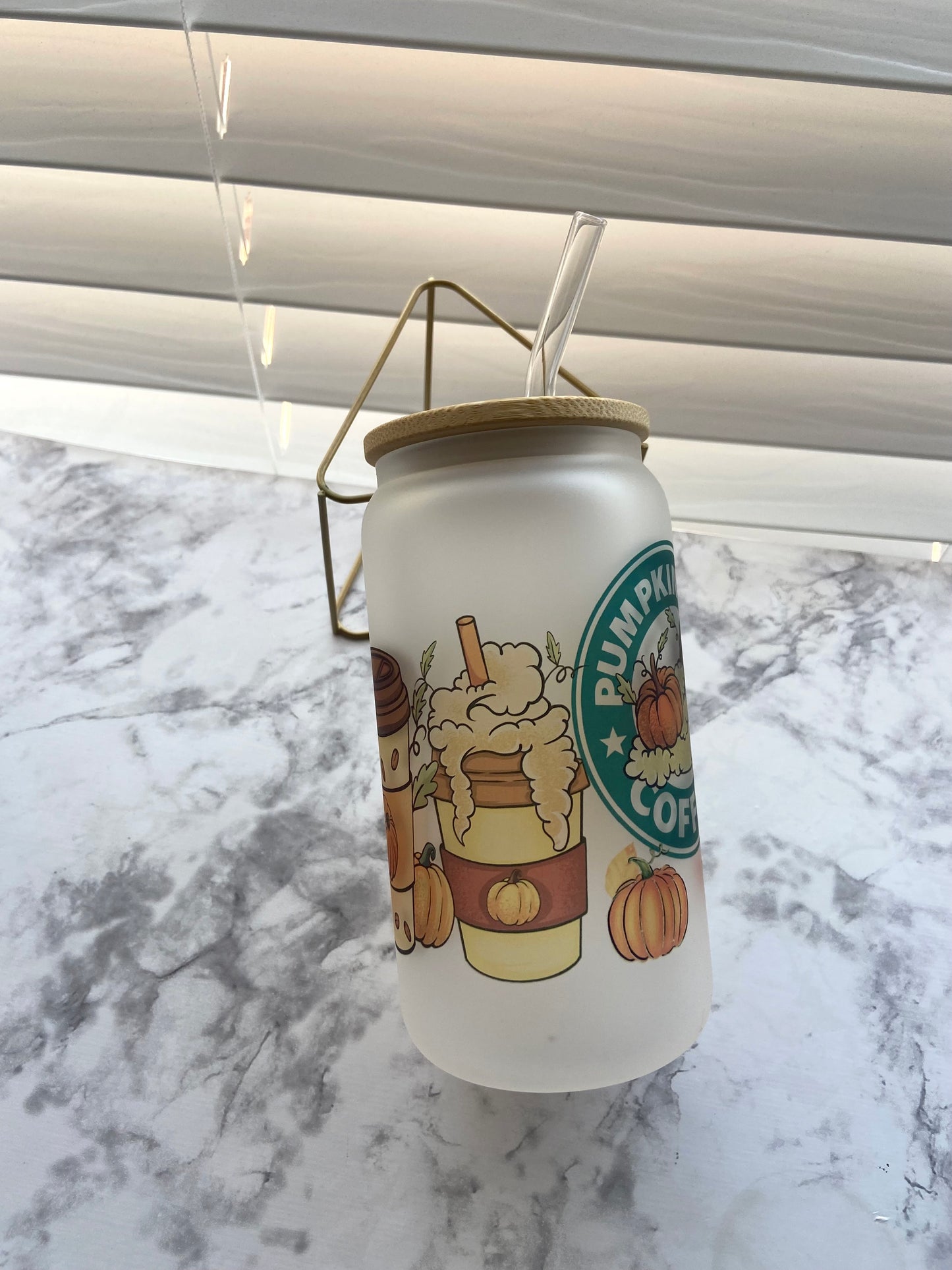 Pumpkin spice coffee cup 16 oz with bamboo lid & straw