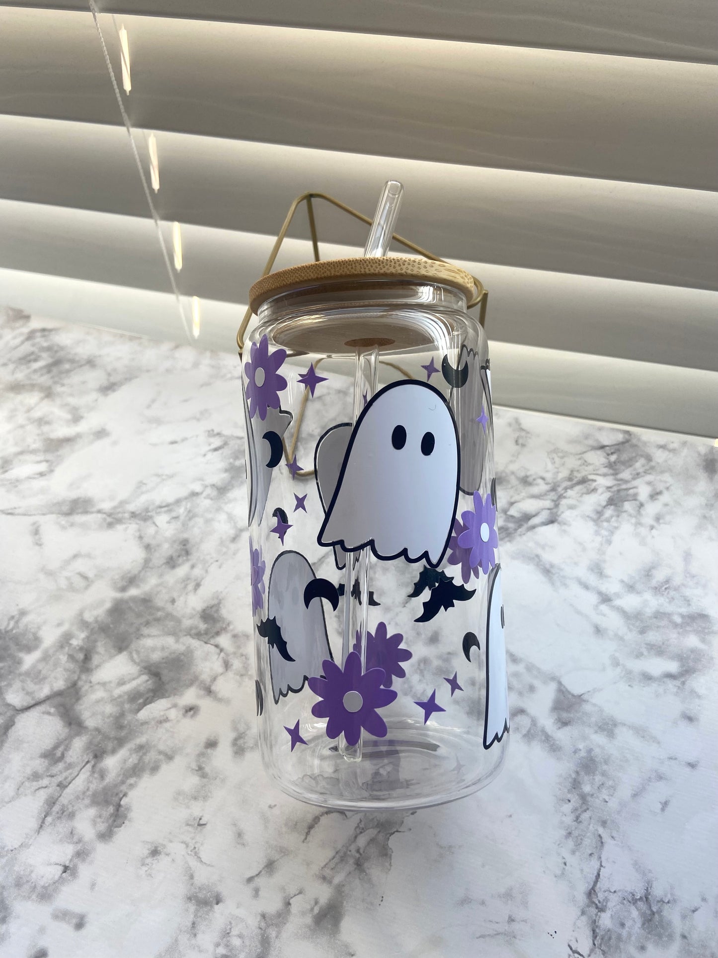 Cute ghost and flowers 16oz glass cup with lid & straw