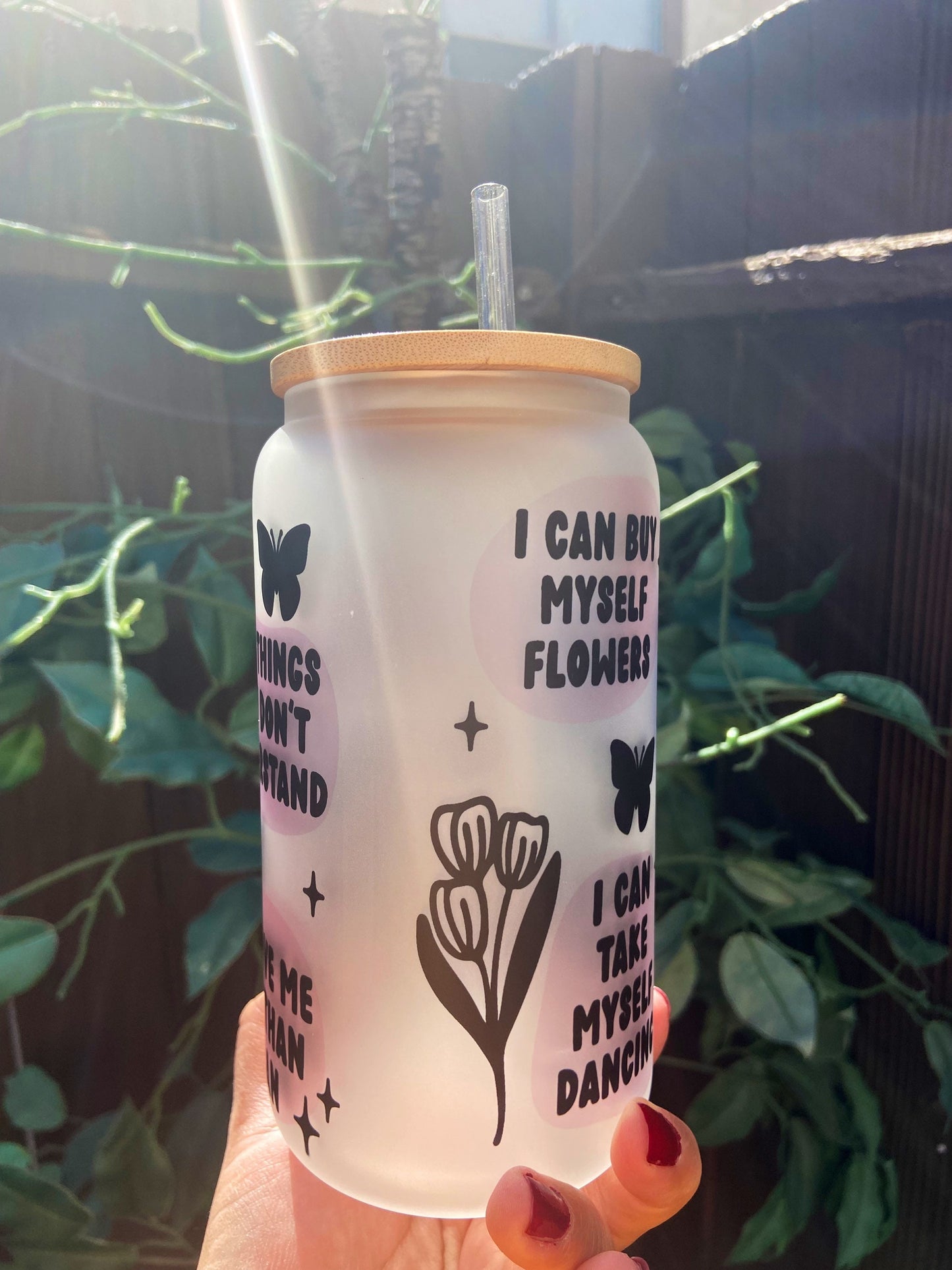 Flowers lyrics on a glass can 16oz with bamboo lid & straw