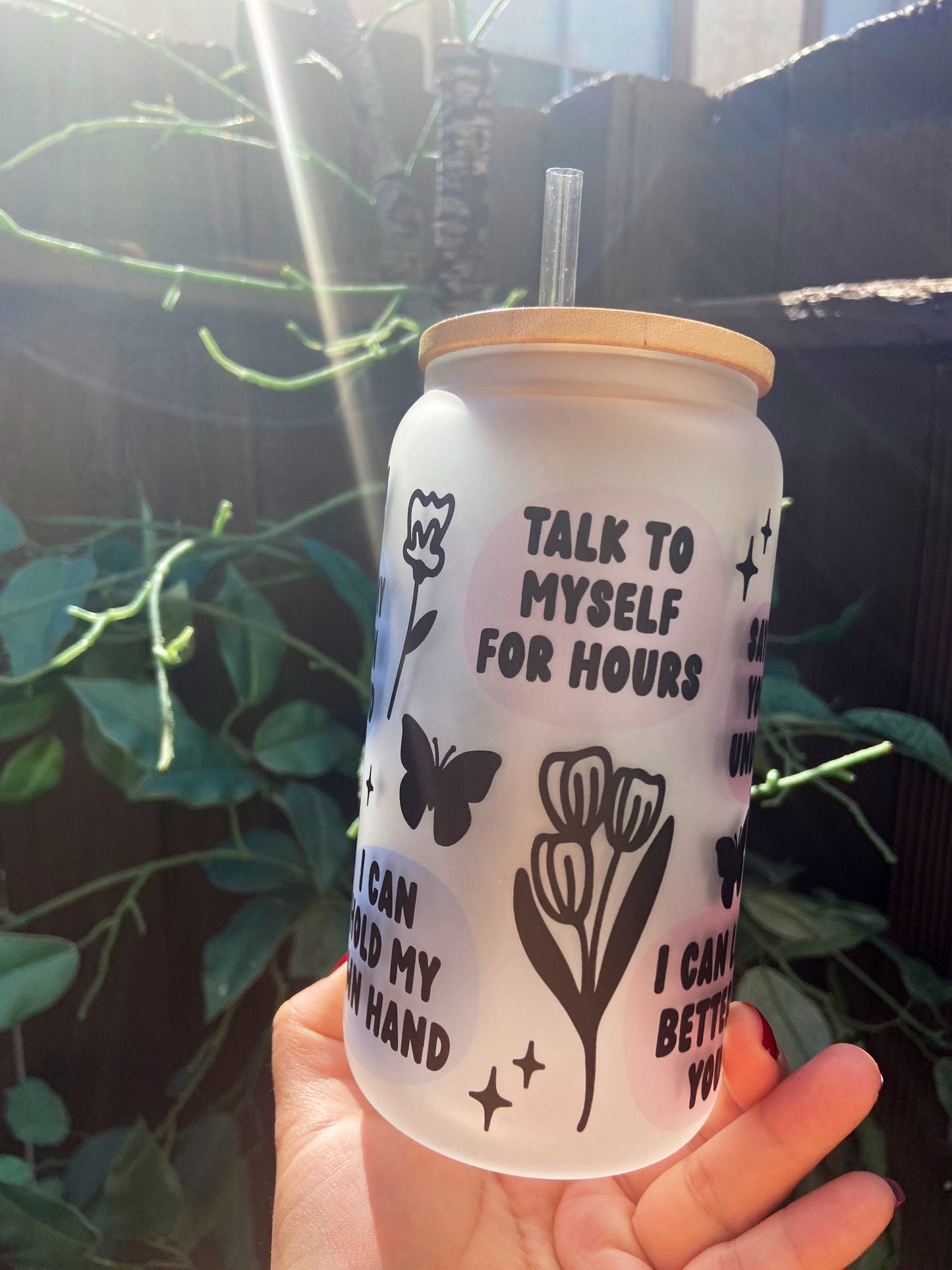 Flowers lyrics on a glass can 16oz with bamboo lid & straw