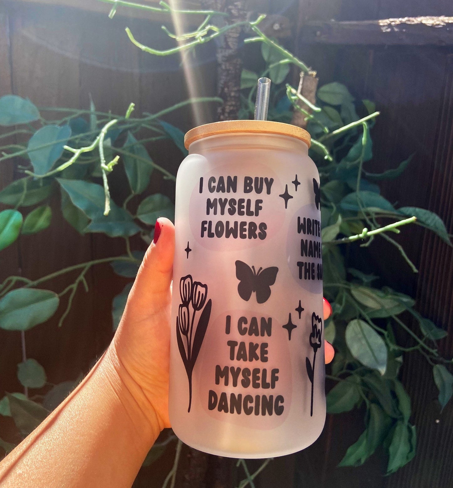 Flowers lyrics on a glass can 16oz with bamboo lid & straw