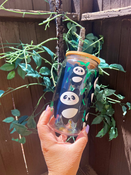 Beer Can Glass With Bamboo Lid |Panda Bear Glass Can| Alicee Creations