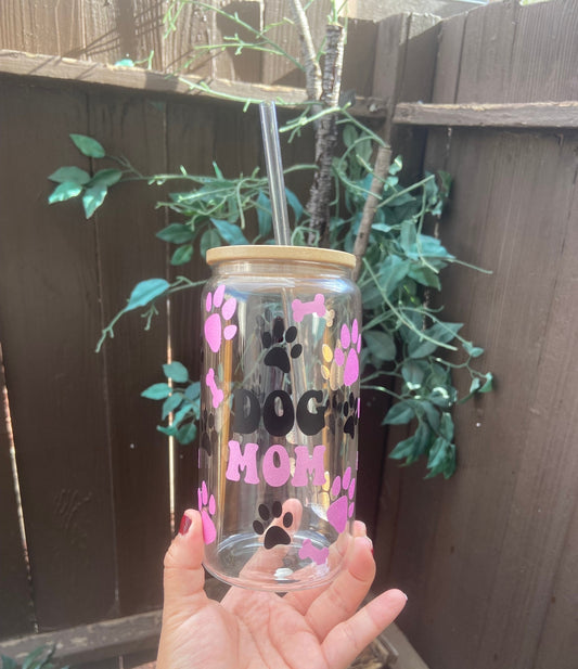 Dog mom glass can with lid & straw