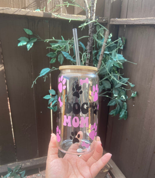 Dog mom glass can with lid & straw